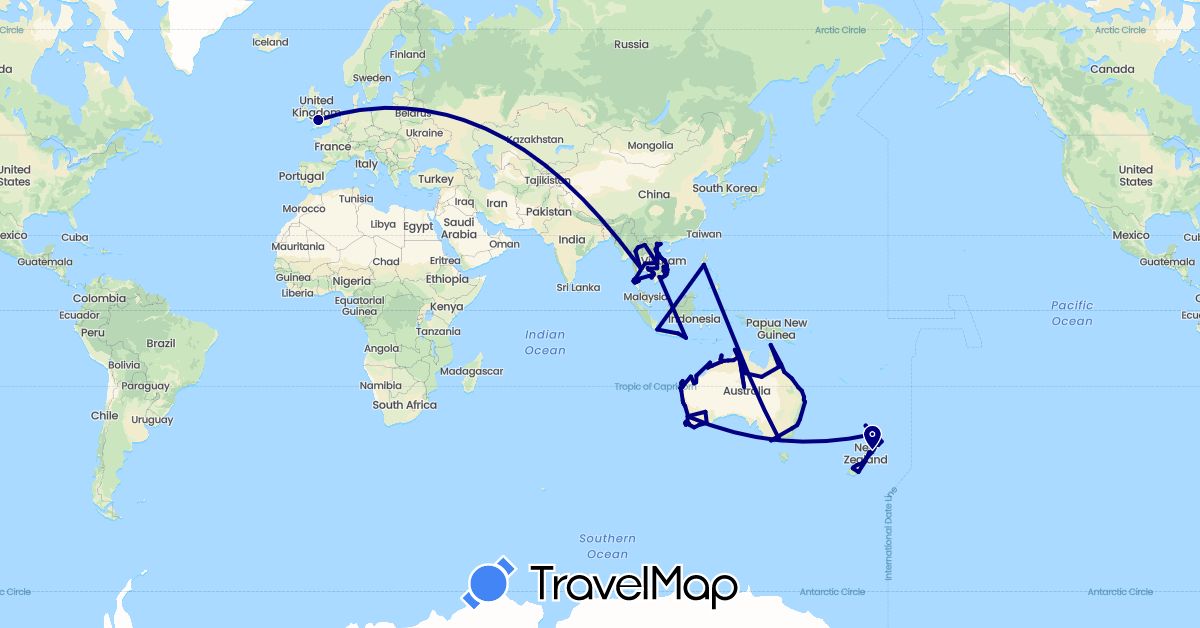 TravelMap itinerary: driving in Australia, United Kingdom, Indonesia, Cambodia, Laos, New Zealand, Philippines, Thailand, Vietnam (Asia, Europe, Oceania)